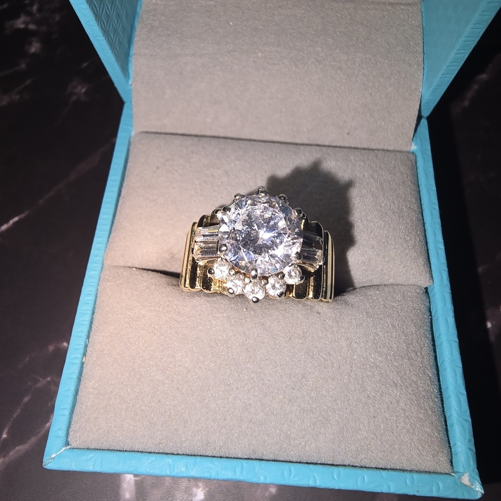 14K Gold CZ Statement Ring Large 3–4 Carat Look Halo Baguette - Picture 3 of 7
